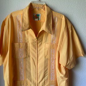 Haband Guayabera Men's Sun Yellow White Cuban Cigar Zip Top Shirt Size 3XL